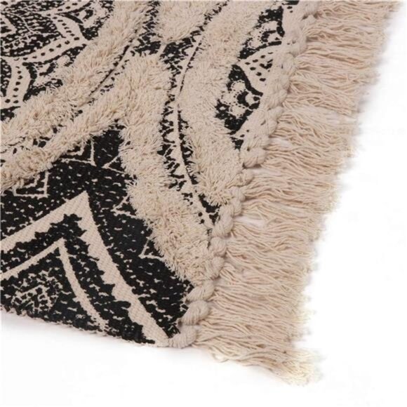 Tufted Cotton Rug Black Mandala Boho Rug, Hand Woven Bohemian Throw Rugs - Picture 4 of 7
